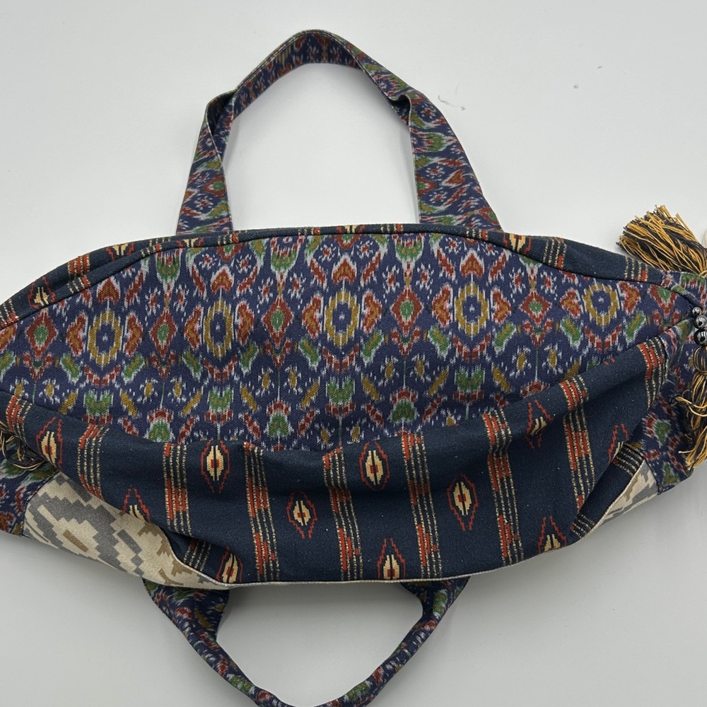 Free People Basel Tassel Tote Bag Boho Chic Tote Bag Navy Blue Canvas Hippie - Picture 13 of 14